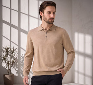 Model wearing Pure Merino Wool Knit Sweater Polo Shirt, upper body view