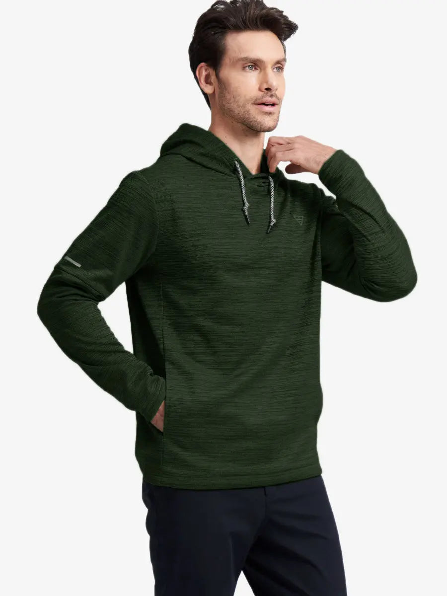 Half-body front shot highlighting Dark Green Heather pullover’s cozy fleece texture and relaxed fit
