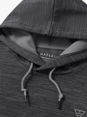 Detail shot of hood and drawstring design on the DARK GREY HEATHER pullover hoodie