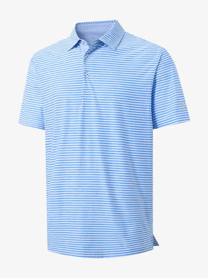3D view showcasing the smooth brushstroke texture of POWDER BLUE WHITE stripe polo