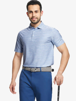 Half-body front view with golf club wearing SKY BLUE WHITE polo, featuring breezy stripe tones