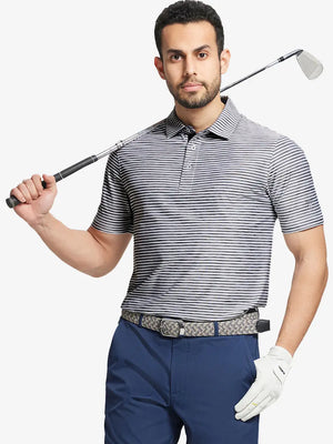 Front half-body with golf club wearing BLACK WHITE Unique Watercolour Stripe Polo