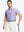 Front half-body shot with golf club, styled in PURPLE WHITE polo with artistic striped accents