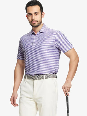 Front half-body shot with golf club, styled in PURPLE WHITE polo with artistic striped accents