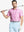 Front half-body with golf club wearing ROSE WHITE Unique Watercolour Stripe Polo