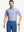 Front half-body with golf club wearing BLUE WHITE Unique Watercolour Stripe Polo