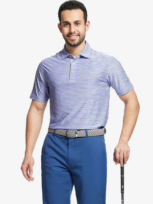 Front half-body with golf club wearing BLUE WHITE Unique Watercolour Stripe Polo