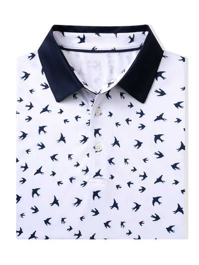 Men's Printed Golf Shirts-White Navy Seagull