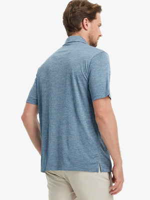 Rear half-body view of Modern Fit Melange Polo in GRAYISH BLUE HEATHER, showing fit and fabric details.