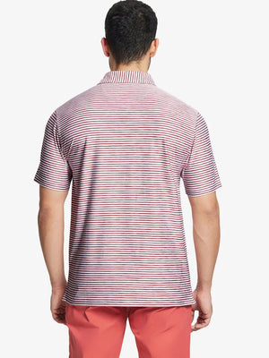 Rear half-body view of BRICK WHITE polo with layered watercolor bands in warm, brick hues
