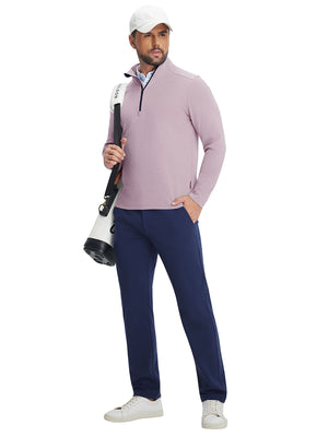 Full body shot of model in red two tone pique cotton blend q-zip with tennis bag and white cap