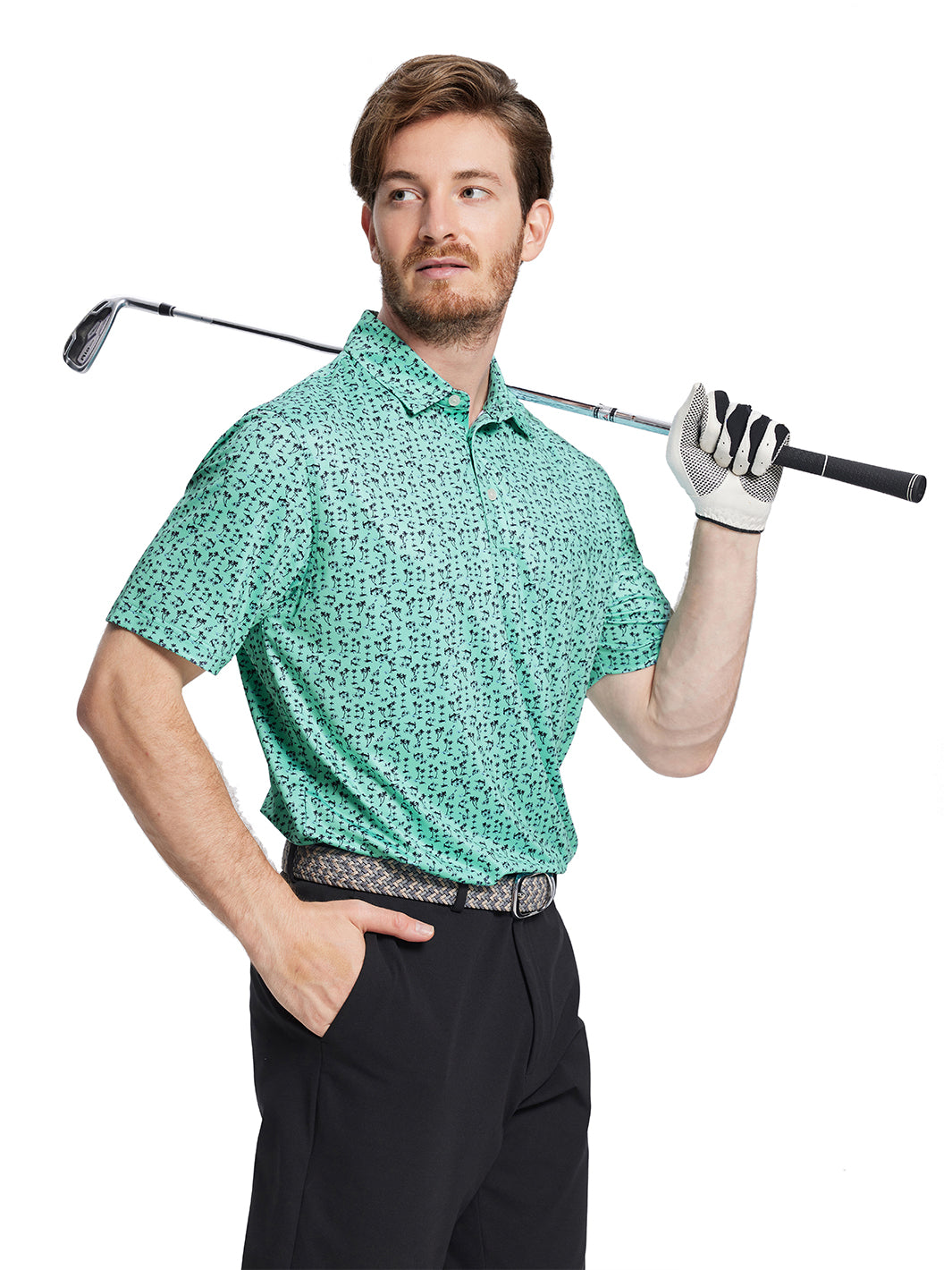 Men's Printed Golf Shirts-Mint Seaside Palm
