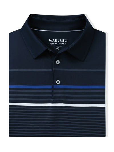 Men's Striped Print Golf Polo Shirts-Navy