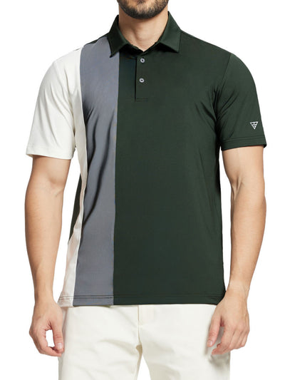 Men's Solid Color Block Patchwork Polo Shirts-Olive Green
