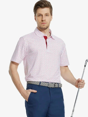 MAELREG Men's Performance Jersey Print Polo in White Red Lion – front half-body with golf pose
