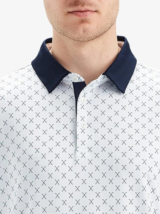 Front half-body view from nose to chest of model wearing WHITE NAV CLUE Performance Quick Dry Print Golf Polo.