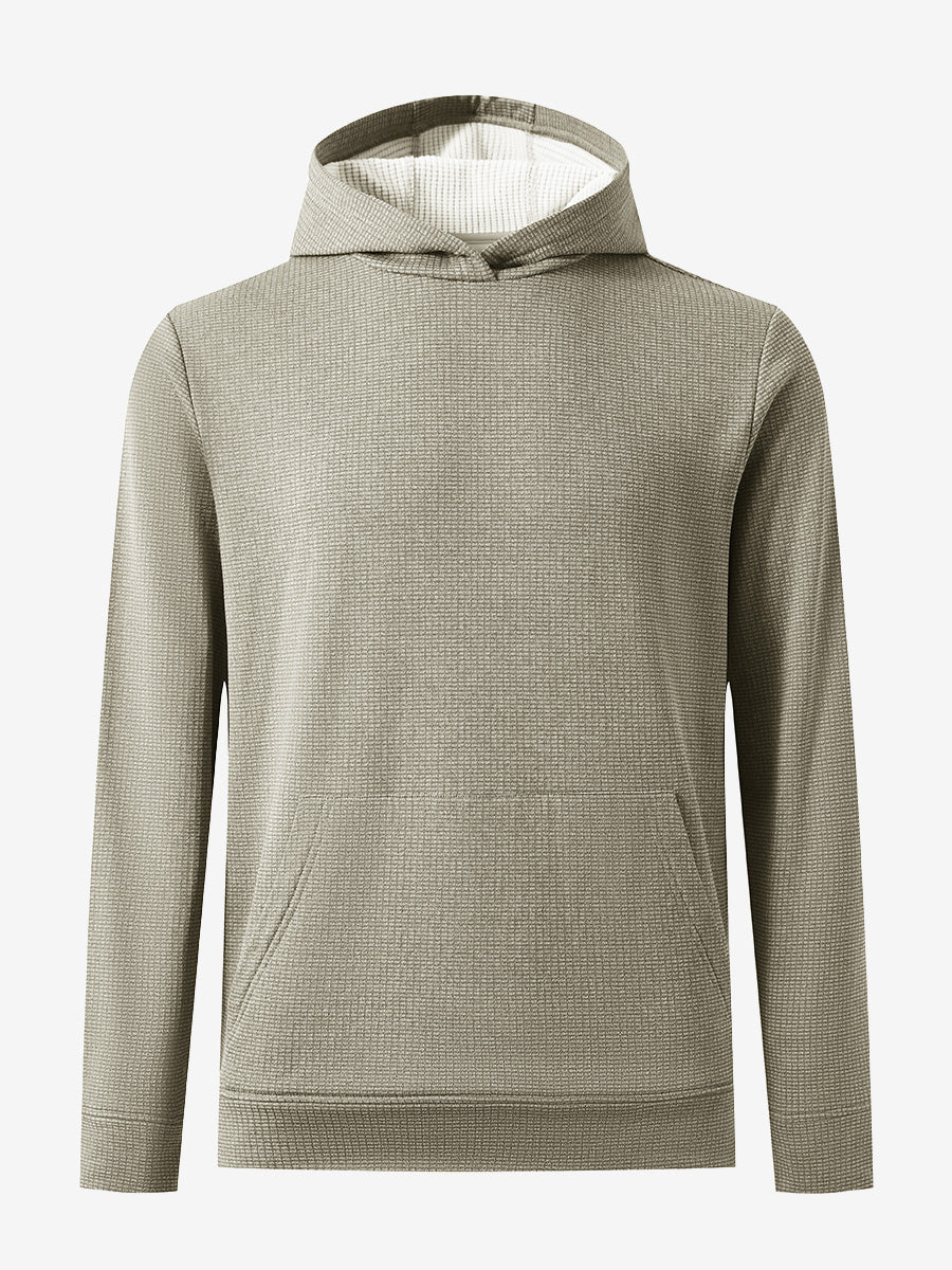 Front 3D view of warm fleece golf hoodies pullover in  dust beige, showing full garment design.