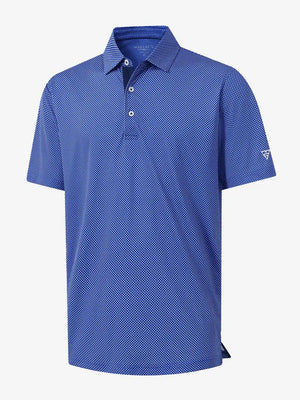 3D view of MAELREG Performance Jersey Print Polo in Blue Wavy Line – breathable golf fabric