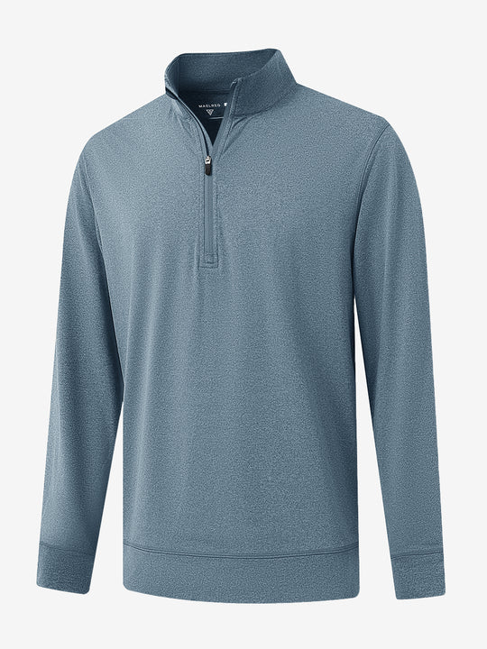 Front 3D image of quarter zip melange pullover in saxony blue melange, showing texture and details.