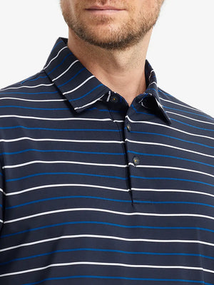 Front close-up from nose to chest of model in NAVY STRIPE Stylish Performance Golf Polo