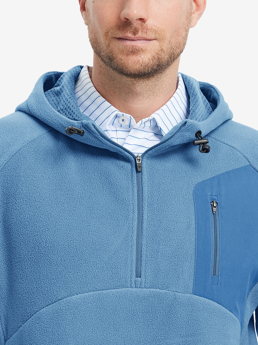 Collar detail from nose to chest, showing texture and zipper finish of the Misty Blue fleece top.