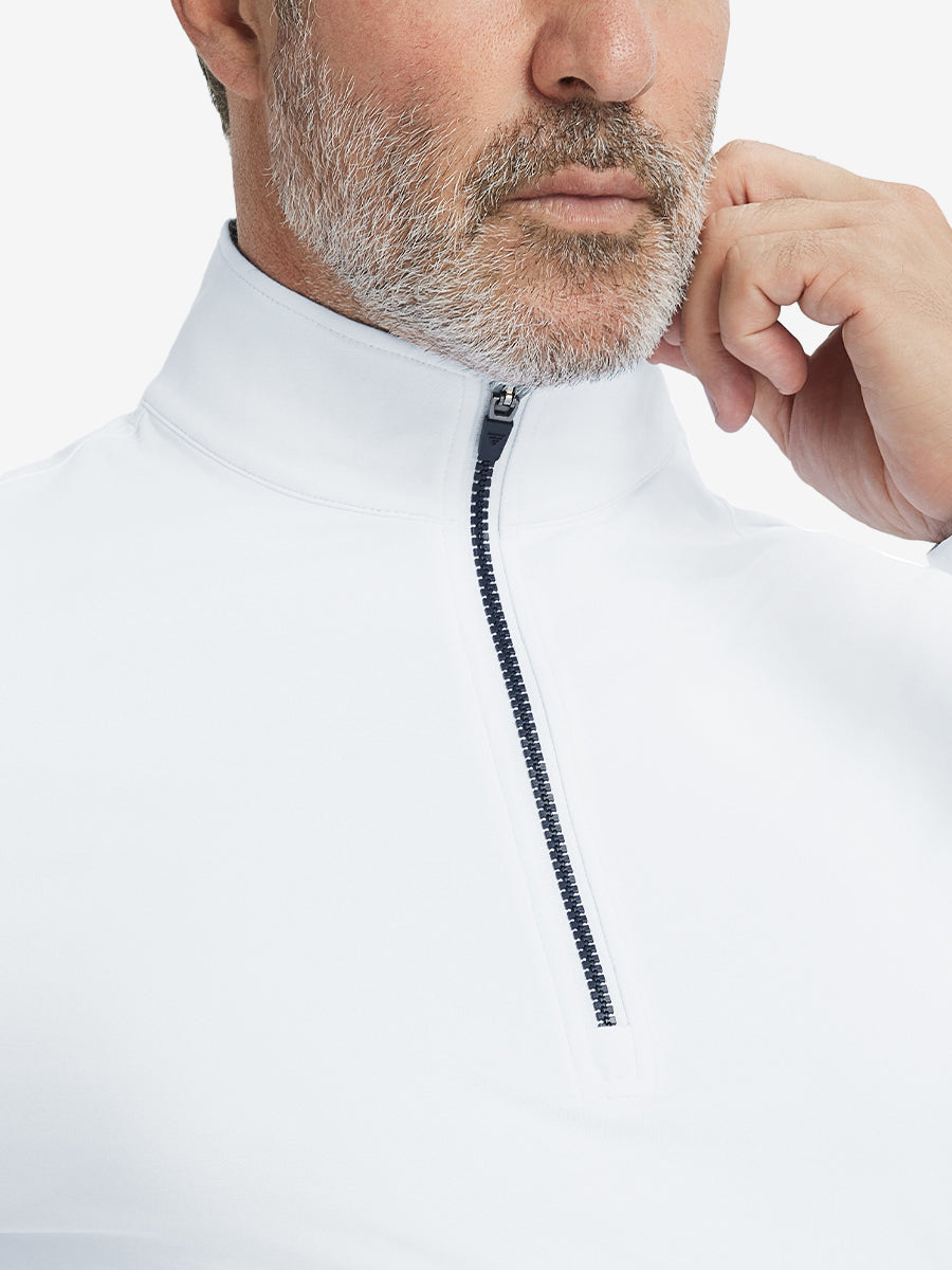 Close-up from nose to chest, showing collar and zipper detail of the white golf pullover.