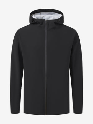 Water-resistant heat-tech softshell winter jacket with hood in black, clean 3D front view.