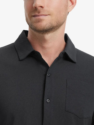 Model front view from nose to chest wearing BLACK Cotton Blend Plain Shirt.