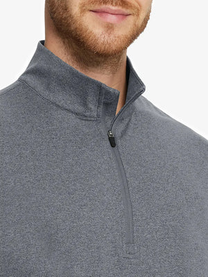 Front close-up from nose to chest, BLACK GREY HEATHER Quarter Zip Melange Pullover with soft textured fabric.