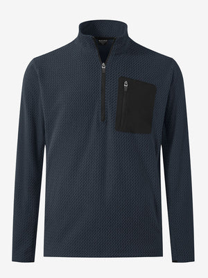 3D front view of midweight warm stretchy quarter zip pullover in navy, simple and sleek look.