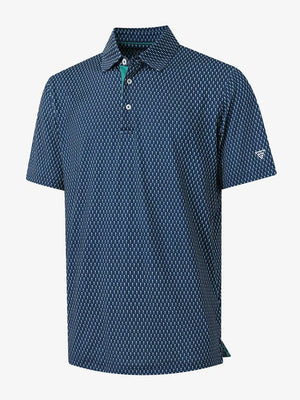 3D view of MAELREG Performance Jersey Print Polo in Green Seahorse – breathable golf fabric