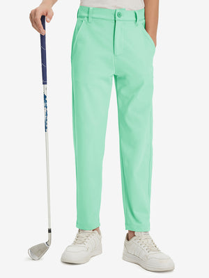 Boys Stretch Fleece Lined Casual Golf Pants in turquoise, front lower body view with golf club