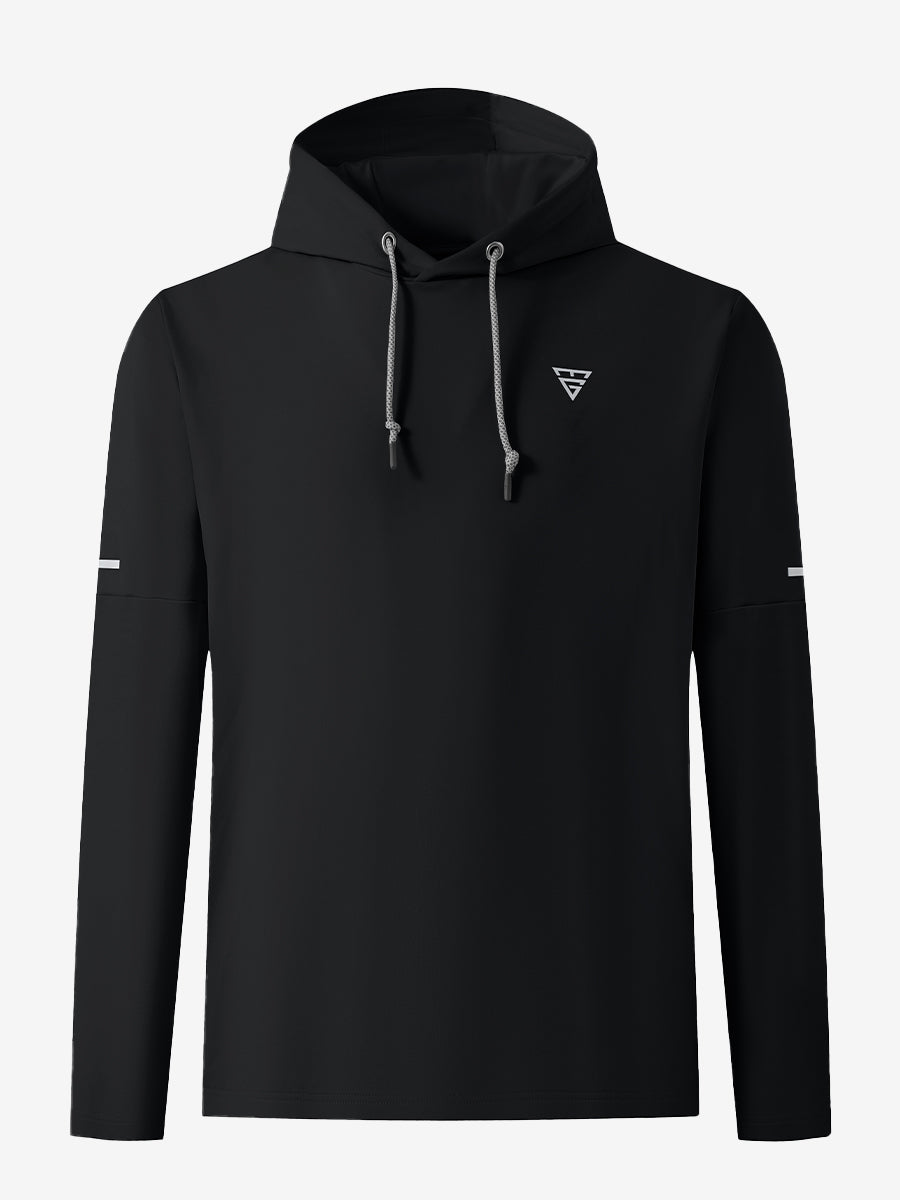 Front 3D view of casual solid fleece hoodies pullover in black, showing clean minimal design.