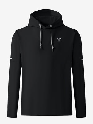 Front 3D view of casual solid fleece hoodies pullover in black, showing clean minimal design.