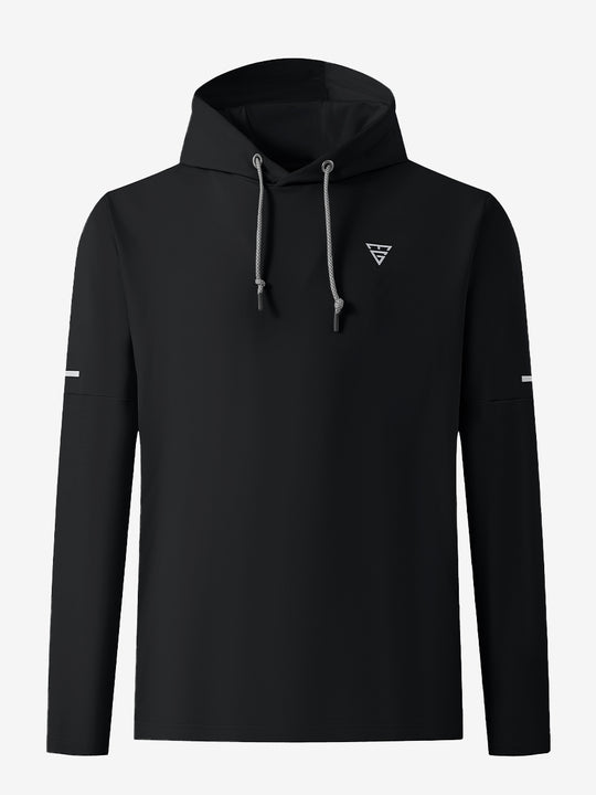 Front 3D view of casual solid fleece hoodies pullover in black, showing clean minimal design.