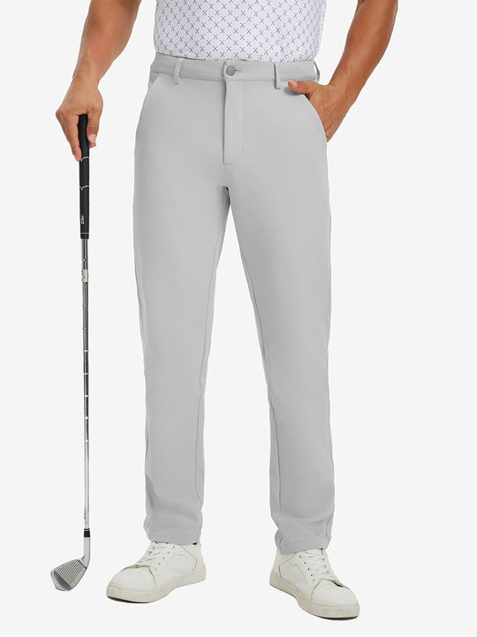 3D front view of model with golf club wearing lightweight moisture wicking dress pants in silver grey.