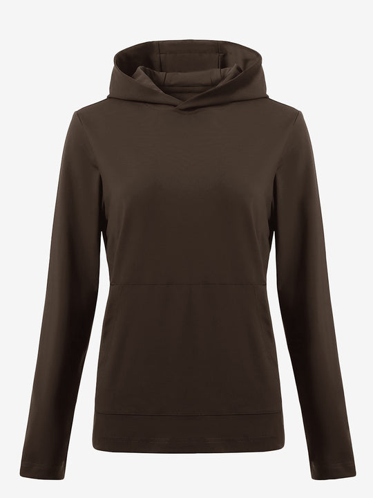 3D front view of women's lightweight hoodies pullover in coffee brown, showing clean and sporty look.