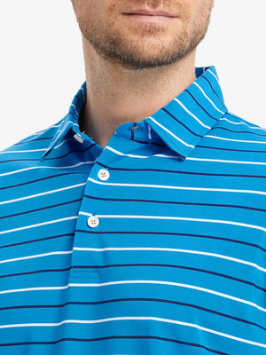 Front close-up from nose to chest of model in CLASSIC BLUE STRIPE Stylish Performance Golf Polo