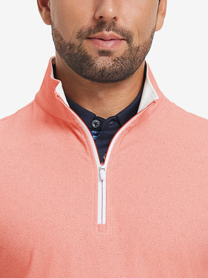 Close-up from nose to chest, showing zipper collar detail and fabric pattern of the red line pullover.