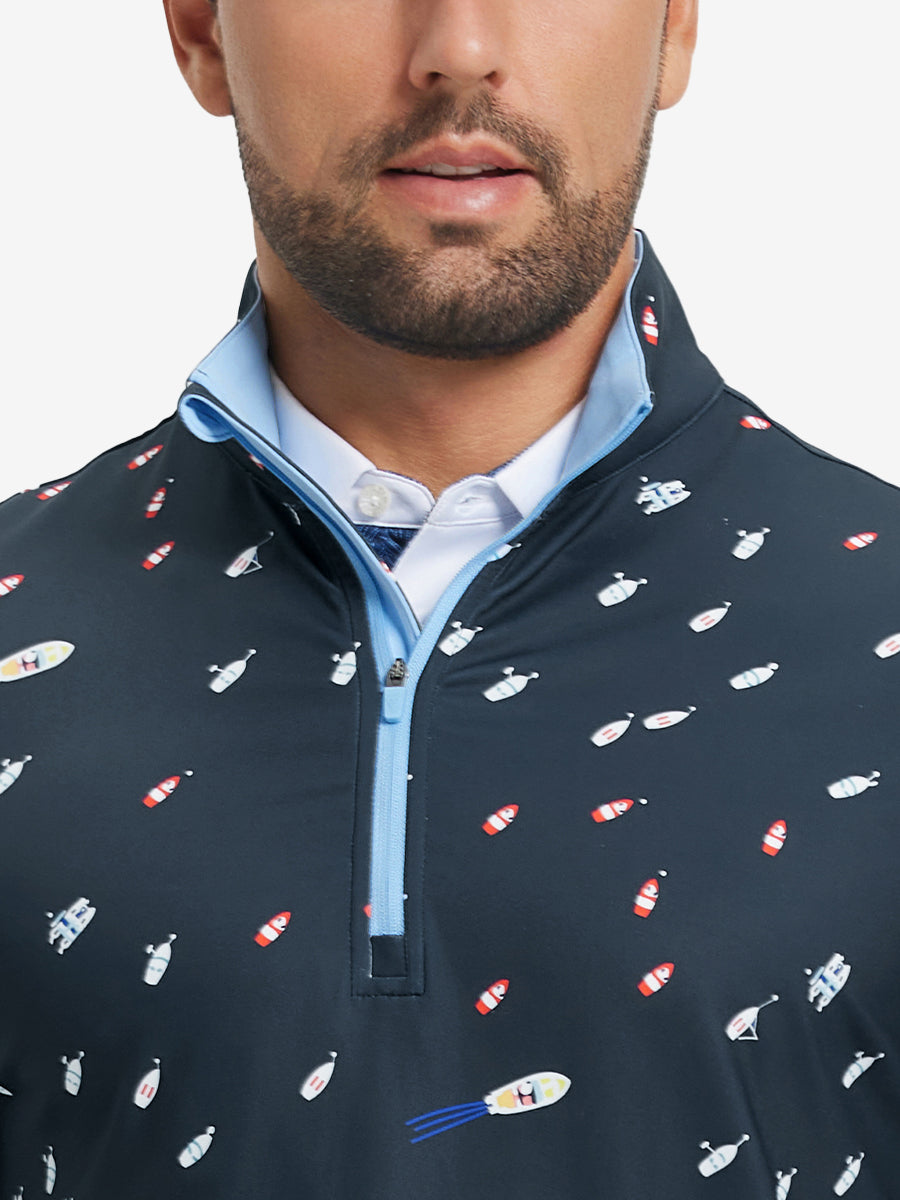 Close-up from nose to chest, showing zipper collar detail and fabric pattern of the ocean yacht pullover.