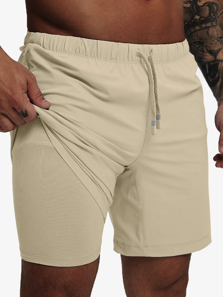 Front lower-body view from waist to knees showing stretch of KHAKI 2 in 1 Running Sports Shorts with Liner.
