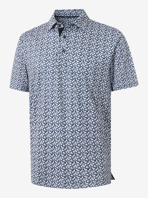 Front 3D view of Performance quick dry print golf polos in white navy clouds, clean athletic design