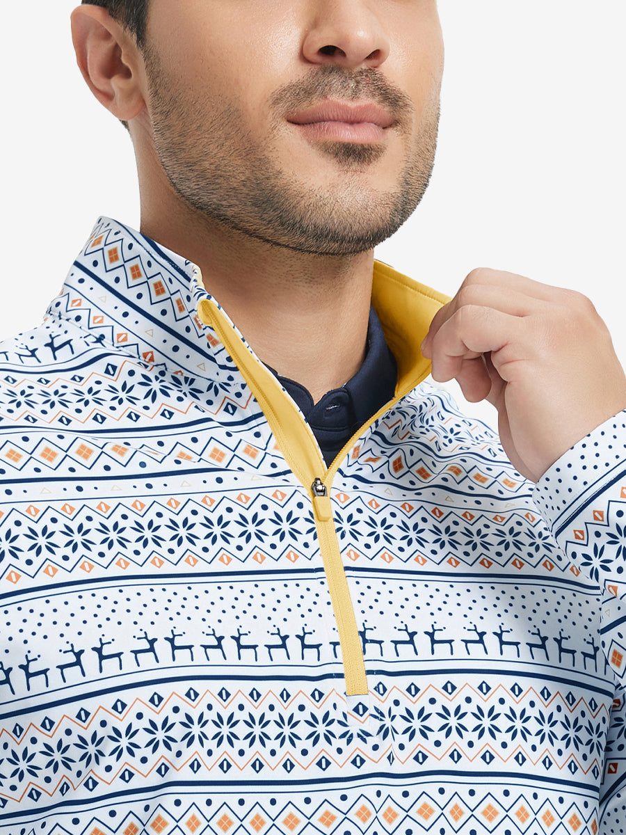 Close-up from nose to chest, showing zipper collar detail and fabric pattern of the christmas snowflake pullover.
