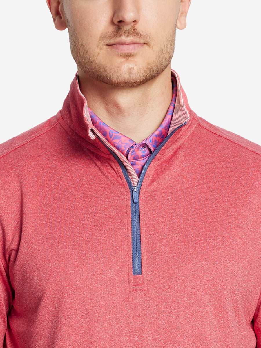 Front view from nose to chest, model wearing RED MELANGE Moisture Wicking Quarter Zip Pullover.