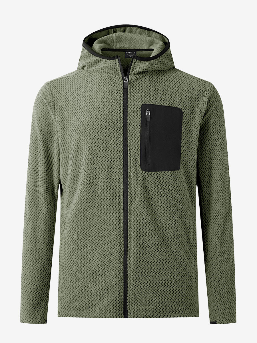 3D front view of full zip fleece hoodied jacket in green, showing soft texture and sleek cut.