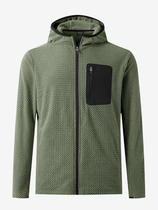 3D front view of full zip fleece hoodied jacket in green, showing soft texture and sleek cut.