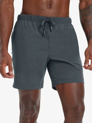 Front lower-body view from waist to knees of model wearing DARK GREY 2 in 1 Running Sports Shorts with Liner