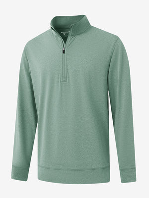 Quarter zip melange pullover in dark green melange, clean 3D front view highlighting modern casual design.