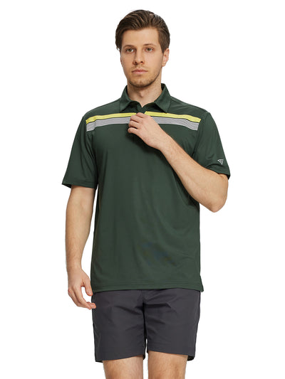 Men's Striped Print Golf Polo Shirts-Olive Green