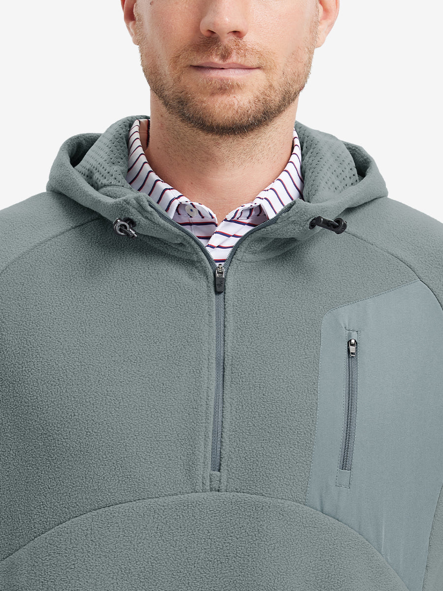 Collar detail from nose to chest, showing texture and zipper finish of the Smoky Gray fleece top.